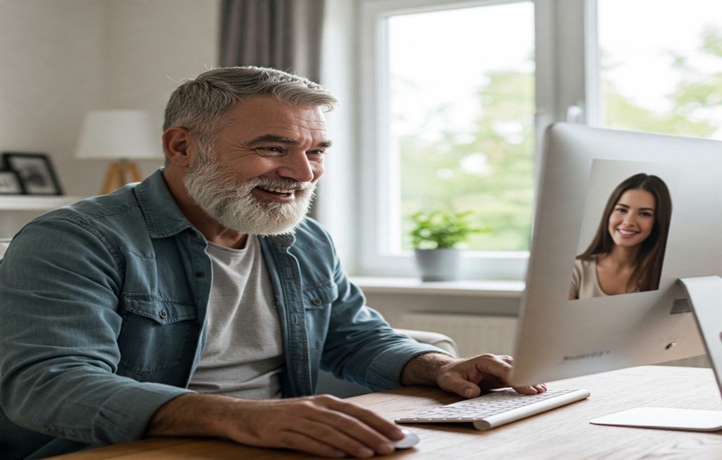 Smiling older man looking at a woman's photo on a computer screen while typing